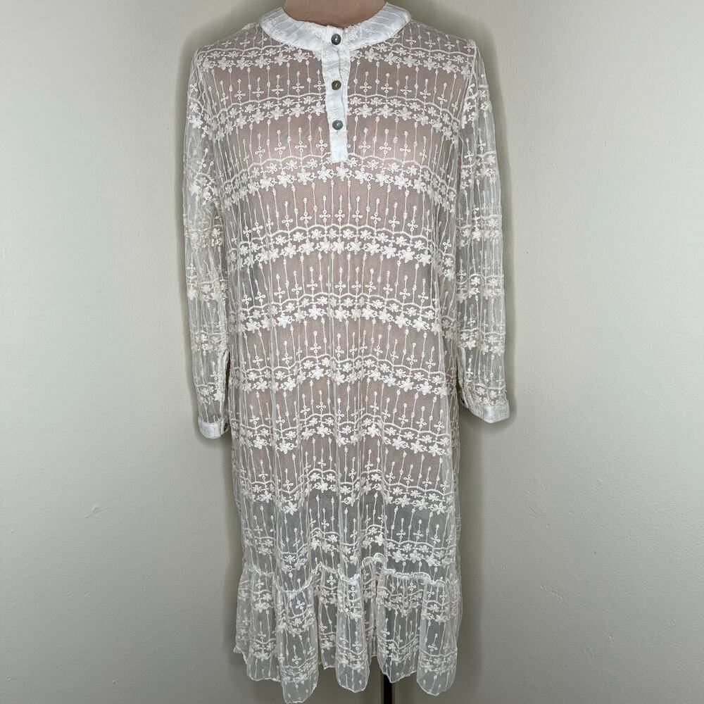 POL Lace Henley Dress Small Cream Floral Cottagecore Coquette Sheer Midi Boho